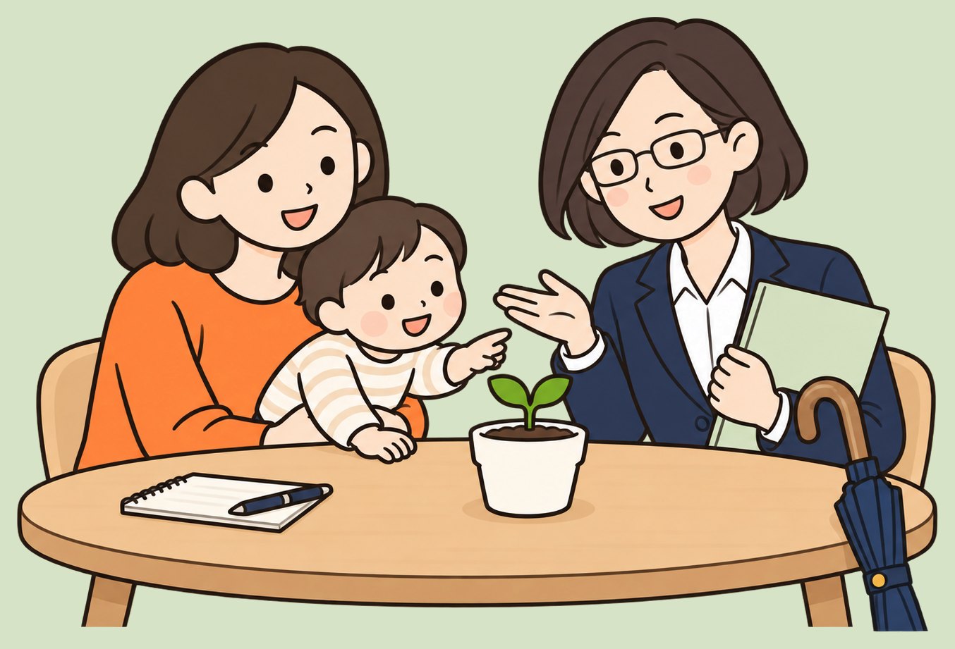 1歳の男の子をひざに抱いたマリが、ユキさんの説明を聞きながら、テーブルの上の芽の出た植木鉢を見ているイラスト